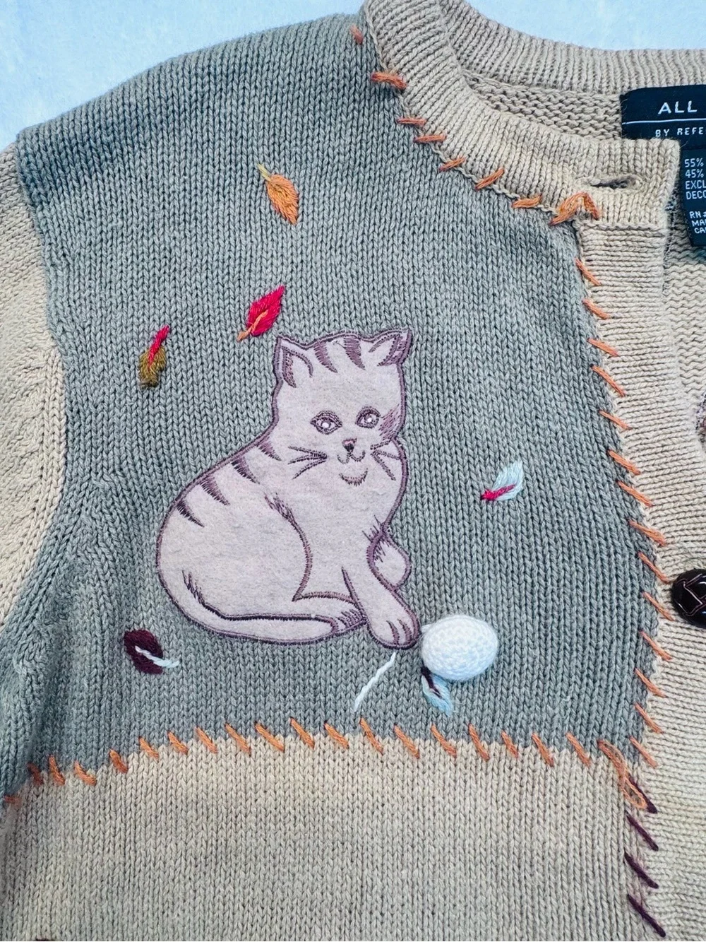 Vintage All Points Cat Patchwork Cardigan Sweater Ramie Cotton M
